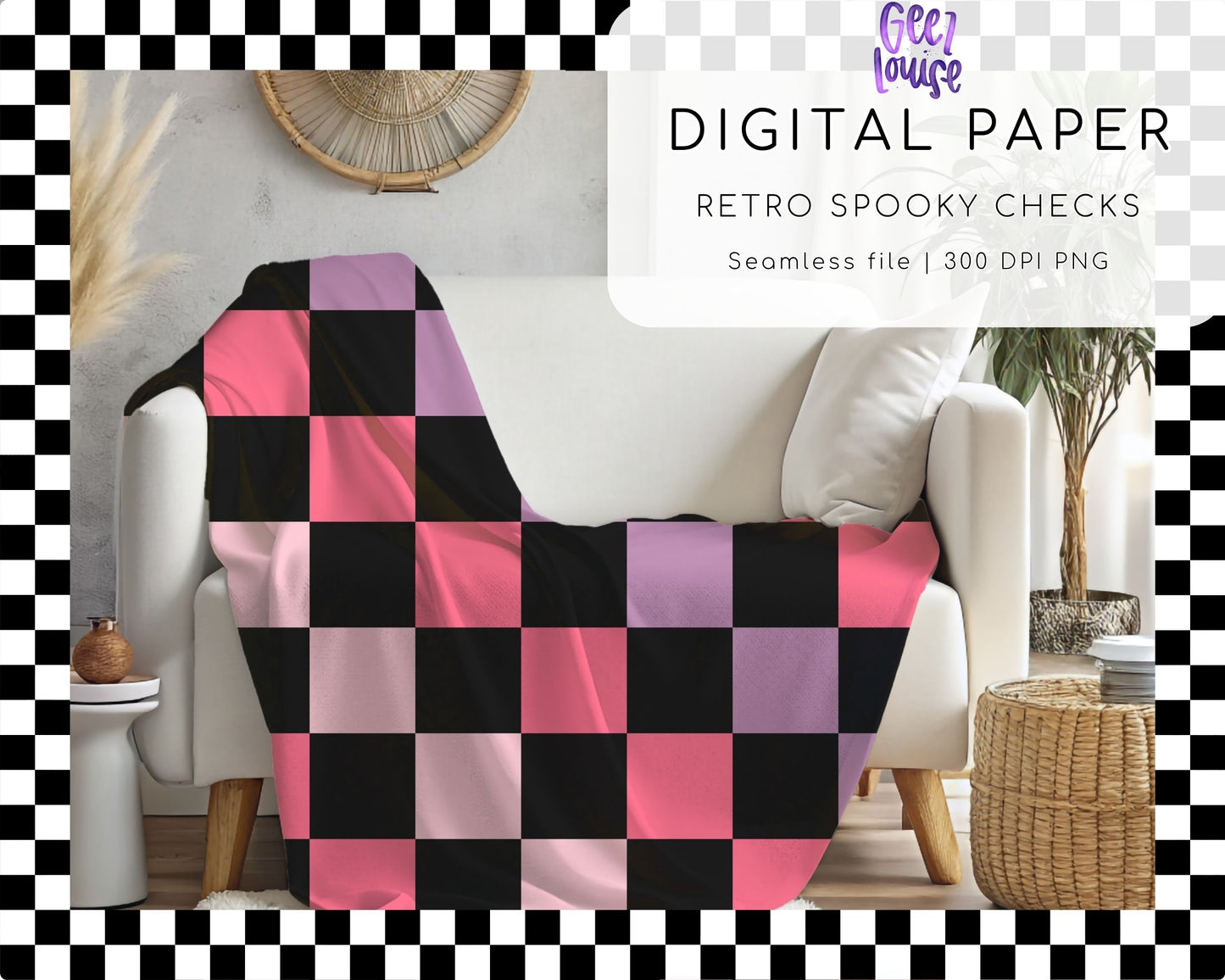 Retro Spooky Checks Digital Paper | Halloween Seamless PNG | Pink Checker Background
