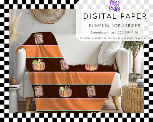 Pumpkin Pop Stripes Seamless Digital Paper | Retro Fall Pumpkin Bible Stripe PNG | September 26 Seamless Paper & Combo Drives