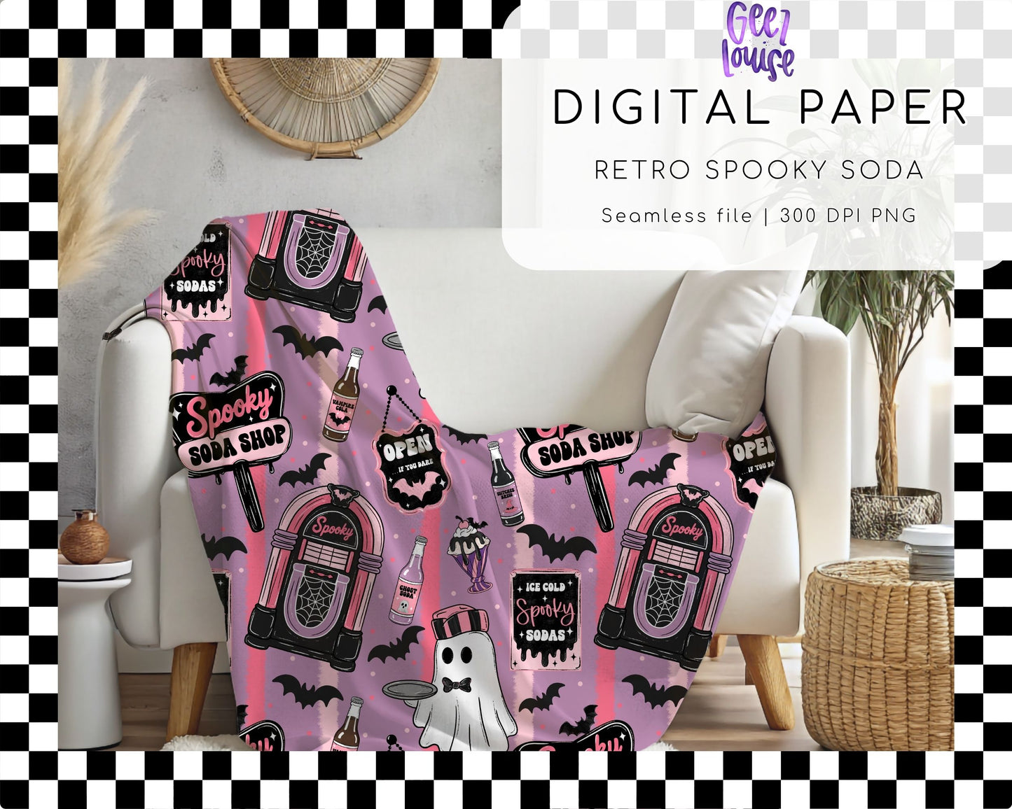Retro Spooky Soda Digital Paper | Halloween Seamless PNG | Ghost Diner Background