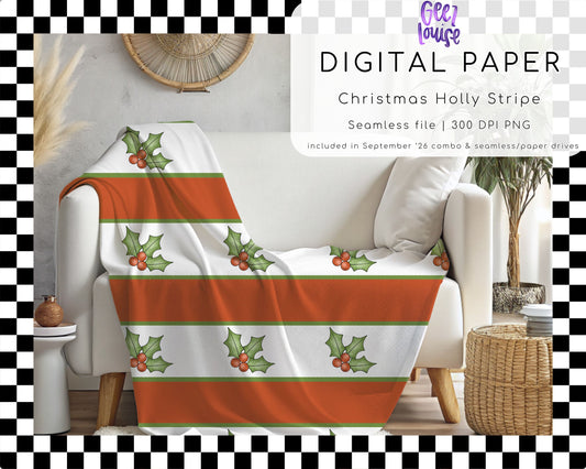 Christmas Holly Stripe Seamless Pattern PNG | Retro Holly Christmas Digital Paper
