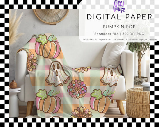 Pumpkin Pop Seamless Digital Paper | Retro Fall Ghost Pumpkin Floral PNG | September 26 Seamless Paper & Combo Drives