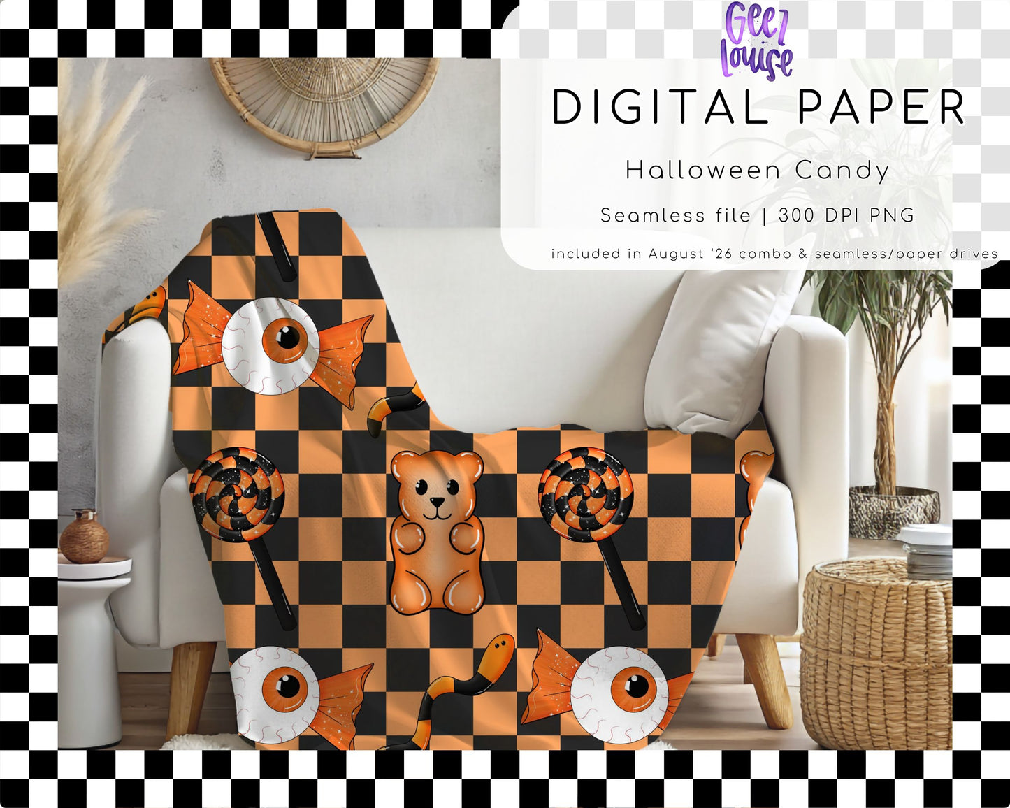 Halloween Candy Seamless Pattern | Orange Black Checkerboard Spooky Candy Digital Paper PNG