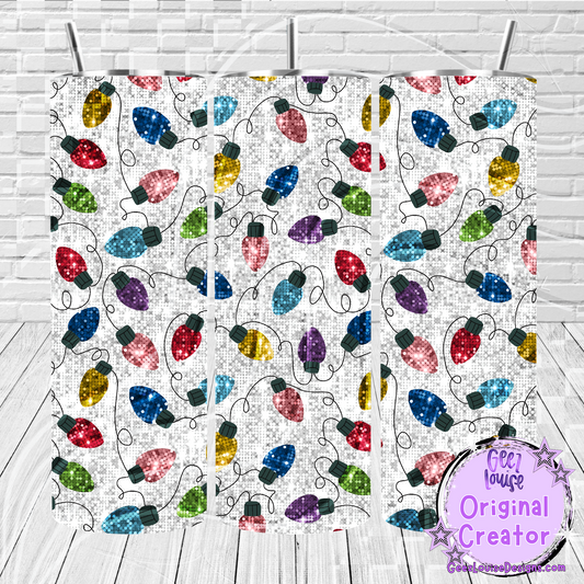 Colorful Christmas Lights Tumbler Wrap – Sequin Glitter Style (20 oz Skinny PNG)