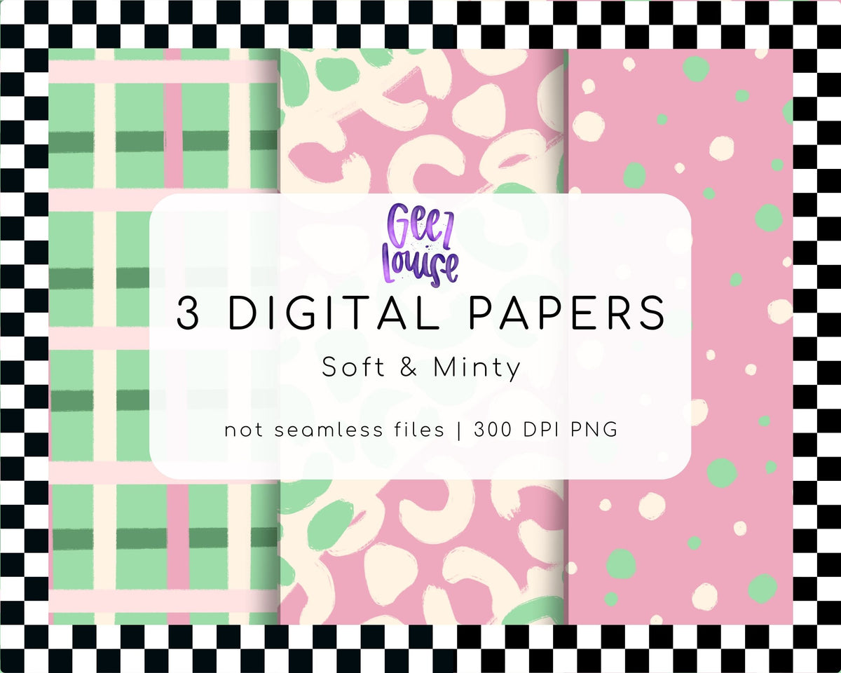 Soft & Minty Digital Paper Bundle | 3 Pink Green PNG Backgrounds