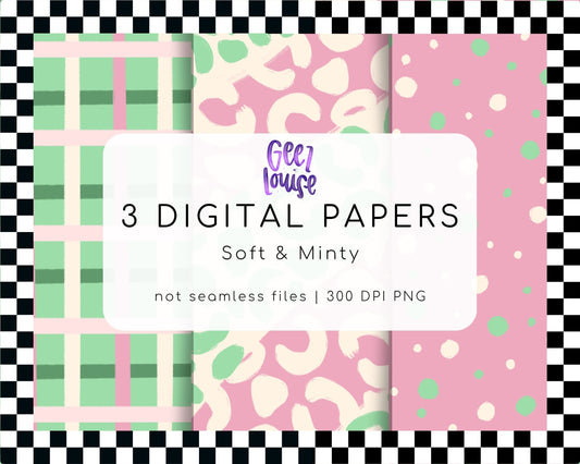 Soft & Minty Digital Paper Bundle | 3 Pink Green PNG Backgrounds