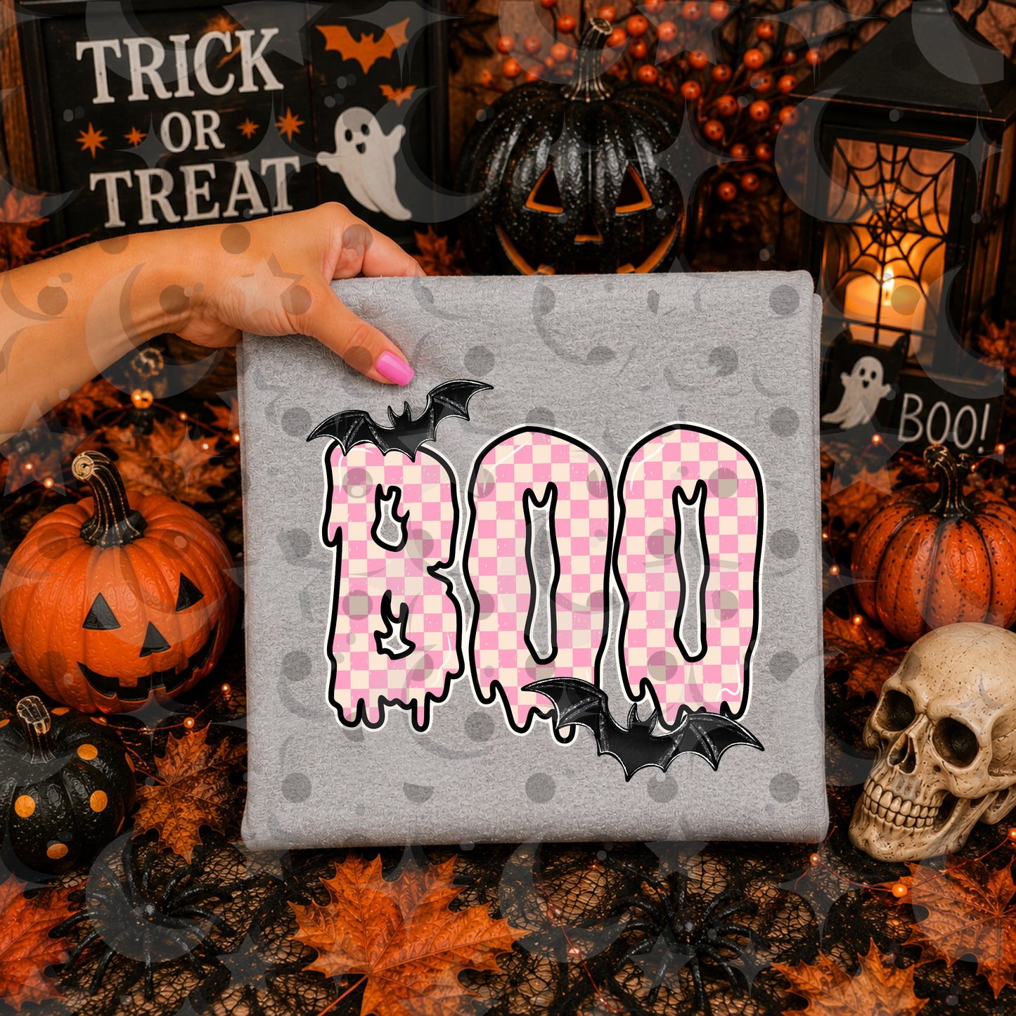 Boo PNG | Pastel Halloween Sublimation Design | Pink Purple Orange Checkerboard Digital Download | 4 Color Variants | August '26 Finished Design Drive