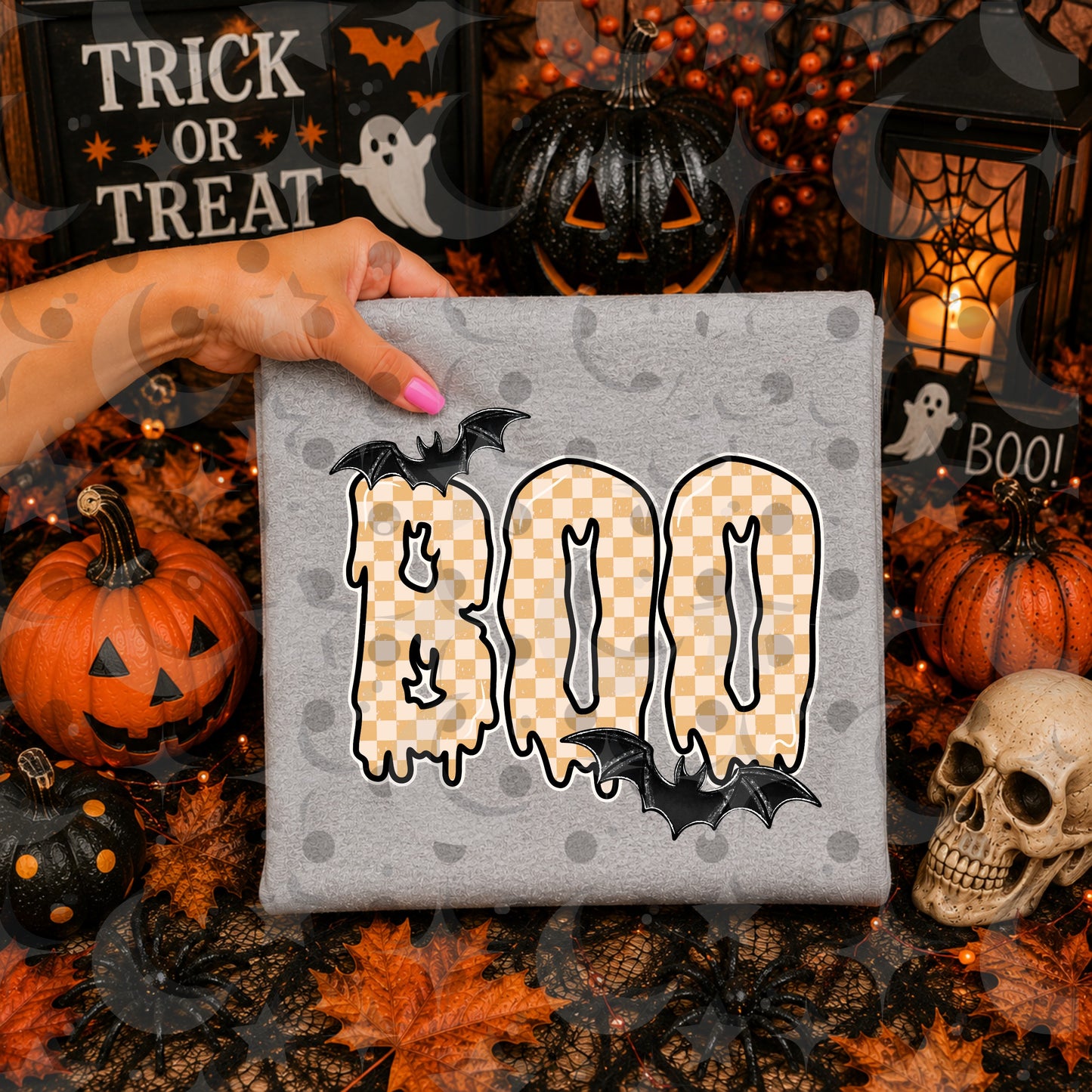 Boo PNG | Pastel Halloween Sublimation Design | Pink Purple Orange Checkerboard Digital Download | 4 Color Variants | August '26 Finished Design Drive
