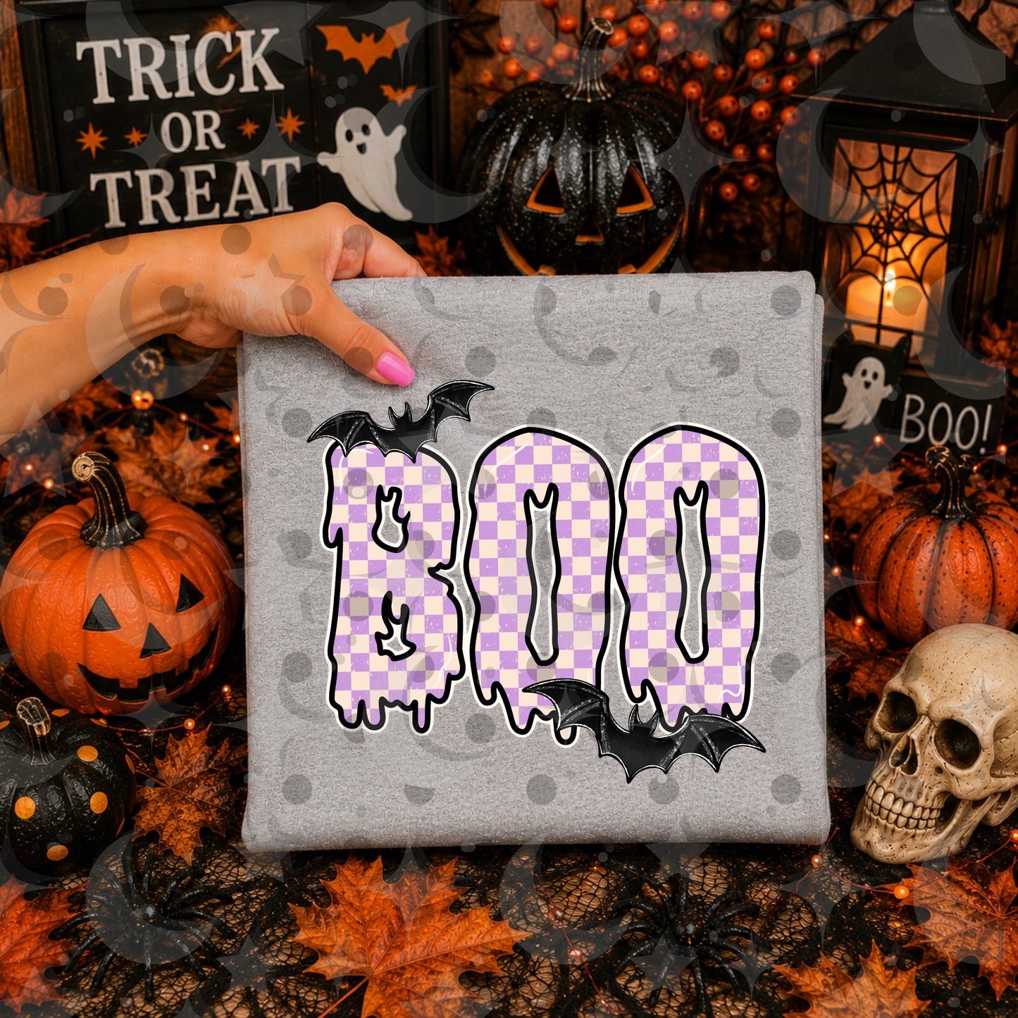 Boo PNG | Pastel Halloween Sublimation Design | Pink Purple Orange Checkerboard Digital Download | 4 Color Variants | August '26 Finished Design Drive