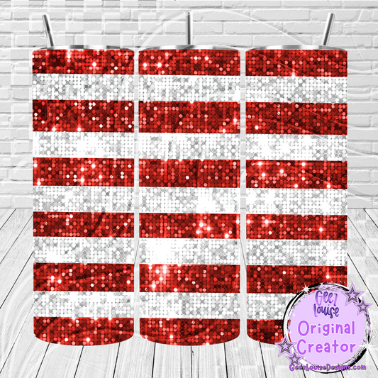 Red and White Sequin Stripes Christmas Tumbler Wrap (20 oz Skinny PNG)