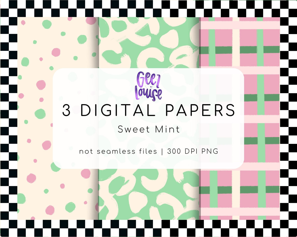 Sweet Mint Digital Paper Bundle | 3 Pink Green PNG Backgrounds