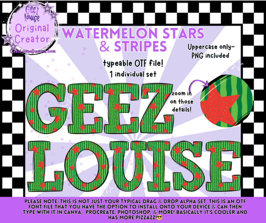 WATERMELON STARS & STRIPES — Typeable OTF Alpha Font + PNGs