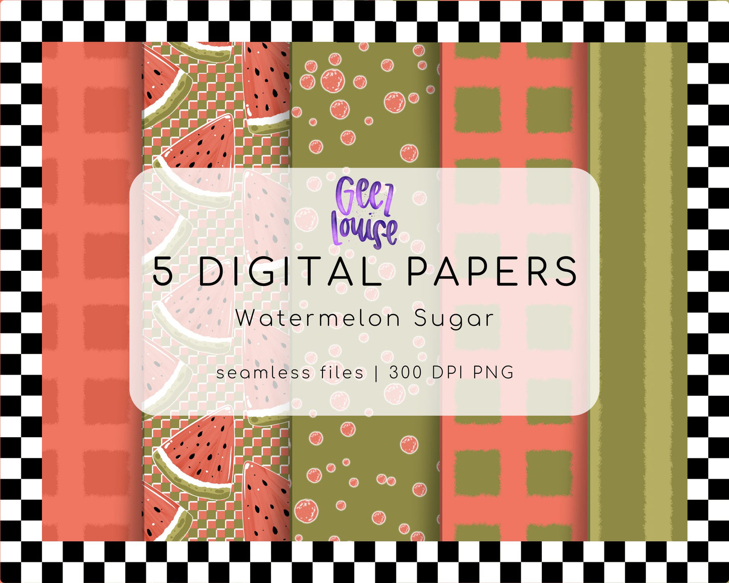 Watermelon Sugar Digital Paper | Seamless Summer PNG Patterns | Watermelon & Retro Checkerboard Backgrounds