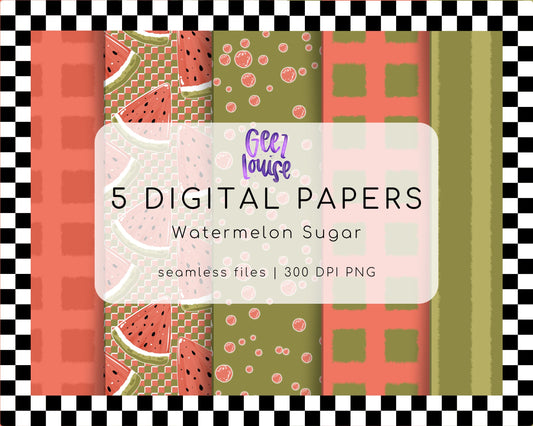 Watermelon Sugar Digital Paper | Seamless Summer PNG Patterns | Watermelon & Retro Checkerboard Backgrounds