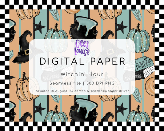 Witchin' Hour Halloween Seamless Digital Paper PNG | Witch Hat Pumpkin Potion Pattern | August 26 Combo & Seamless Drive